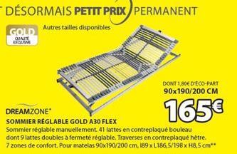 Sommier Gold A30 FLEX : 41 Lattes, Réglable Manuellement, dont 1,80€ d'Éco-Part. 165€ chez Dreamzone*