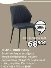 chaise lunderskov en contreplaqué et eucalyptus massif - économisez 50%, 68,50€ seulement ! 160xh8, mousse polyuréthane, revêtement coton-polyester, pieds en acier