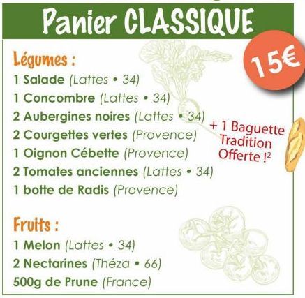 Panier CLASSIQUE: Salade, Concombre, Aubergines Noires, Courgettes Vertes, Oignon Cébette et Tomates Anciennes - Lattes 34 & Provence