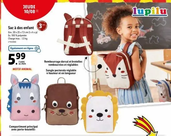 sac à dos enfant ex. 100% polyester - unibi - charge max.: 1,5 kg - motif animal - jeudi 10/08 avec -99% sur l'achat en ligne !