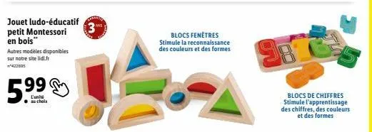 jouet ludo-éducatif montessori en bois - 3 blocs fenêtres - 5,99 € - stimulez la reconnaissance des couleurs et des formes - sur lidl.fr