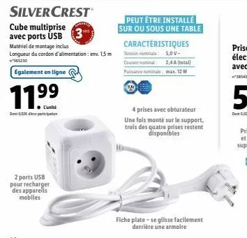 silvercrest : cube multiprise 11,99€ avec 2 ports usb et montage inclus.