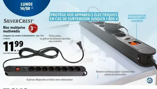 silvercrest bloc multiprise 3 multimédia: 8 prises avec obturateur - longueur du cordon: 3 m - 30€ d'aco. partic. ce lundi!