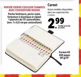 carnet coloré pratique: papier vierge chamoise, couverture rigide, poche intérieure, porte-stylo, fermeture à élastique et signet + 117 autocollants gratuits!