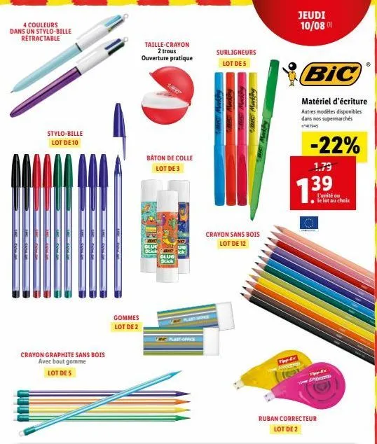 lot de 10 stylo-bille rétroactables et crayon graphite en 4 couleurs avec bout gomme et taille-crayon 2 trous + batons de colle - ouverture pratique!