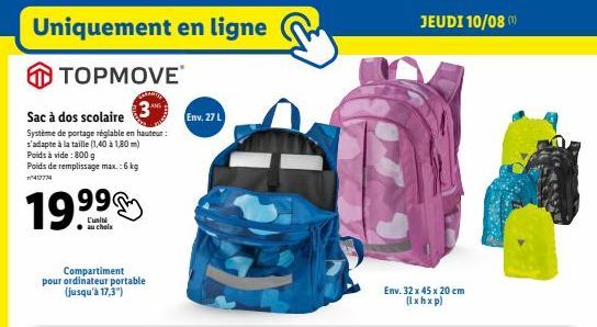 TOPMOVE Sac à Dos Scolaire - 19.99€! Réglable et ultra-léger (800g) - 6kg de Remplissage Max. - 477774