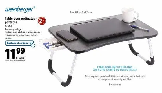 weinberger table: la solution pour ordinateur portable en mdf anti-dérapante, hydrofuge et adaptée aux enfants. obtenez-la en ligne maintenant avec 11% de réduction!
