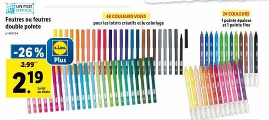 lot de 48 feutres double pointe -26% chez united office - 24 couleurs vives, 1 épaisse et 1 fine! 2.99€!