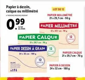 lot de 12 papiers millimétré, calque et 21x29,7cm -90g et 70g - blanc - prix promo !