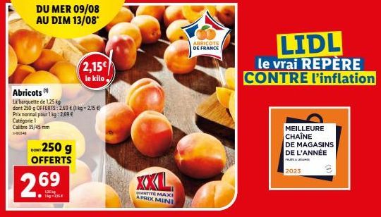 Promo : Abricots Cat.1, 35/45mm, 1Kg -250g OFFERTS à seulement 2.69€ : DU MER 09/08 AU DIM 13/08 !