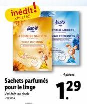Chez Lidi : Nouveau! Doussy Sachets Parfumés 4 pièces au Choix, Variétés Gold Blossom, Freshness et Doussy, à 29$.