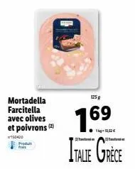 mortadella farcitella avec olives et poivrons à 1,52€ - 125g - provenant d'italie et de grèce.