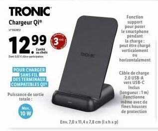 TRONIC Chargeur QiⓇ n°392851 - 12.⁹⁹€! Unité ●, 10W, 7x11,4x7,8cm, Pour charger sans fil des terminaux compatibles Qi