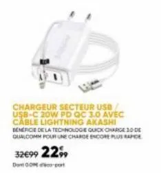 chargeur secteur usb-c 20w pd qc 3.0 avec cable lightning akashi, 32€99 - profitez de la technologie quick charge 10 de qualcomm!