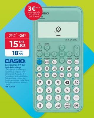 Casio FX-92 College Calculatrice Scientifique - Promo 21-26% - 10 fonctions, Ecran LCD, AAA batterie, Eco-participation incluse.