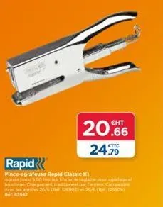rapid classic k : pince-agrafeuse, chargez jusqu'à 50 feuilles, compatible 26/6 et 26/10, promo €20.66 à €24.79 !