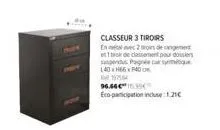 classeur 3 tiroirs en métal, 2 rangements, poignée, 40x66x40 cm | 15.39€ | promo 96.64€ | eco-participation incluse de 1.21€