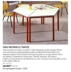 table maternelle trapeze - jusqu'à 4 tailles disponibles - table mateem4dd40 avec cadre porteur métallique, plateau en milanesi abs purple 19mm, 4 points d'ancrage des pieds!