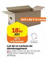 Lot de 10 Cartons de Déménagement Fabriqué en France - 25 kg Max - Economisez 17%, 1.89 € le carton - 5628595.