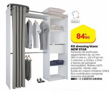 NEW STAR Kit Dressing Blanc 8490 - H 200 x L 177 x P. 50 cm | 1 Colonne, 4 Niches, 1 Tiroir et 2 Penderies | Rideau 100%.