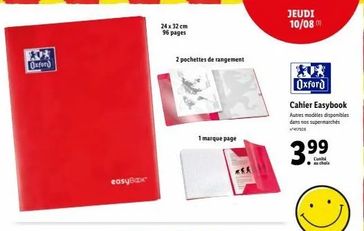 oxford cahier easybook: promo 417928, 96 pages, 2 pochettes et 1 marque-page - seulement 3.99€!