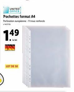 50 Poches Format A4 11 Trou Renforcés 417778 à 1.49€ - Lot de 50 - United Office