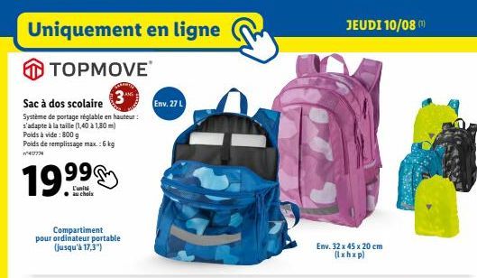 Sac à dos scolaire TOPMOVE: Système de portage réglable, 19.99€ au lieu de 477774 - Poids à vide 800g, max. 6kg