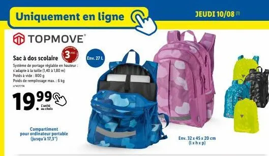 sac à dos scolaire topmove: système de portage réglable, 19.99€ au lieu de 477774 - poids à vide 800g, max. 6kg