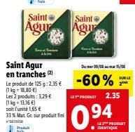 Promo Spéciale: Saint Agur - Matière Grasse 33%, 1kg à 13,16 €, Tine à 1,65 € & 125g à 2,35 €!