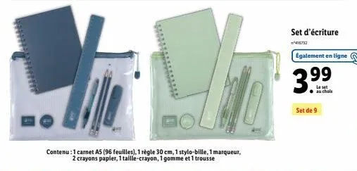 set d'écriture au complet - 3.9⁹⁹€. contenu: carnet as, règle, stylo-bille, marqueur, crayons, taille-crayon, gomme et trousse.