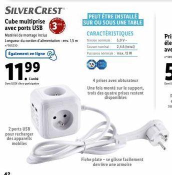 Cube Multiprise Silvercrest avec 2 Ports USB - 11,99€ - Matériel de Montage Inclus