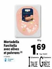 goûtez la mortadella farcitella aromatisée avec olives et poivrons - 125g, 1,69€, promo 1,52€ - italie / grèce!