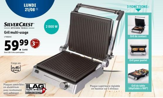 Gril Multi-Usage Silvercrest Kitchen Tools: 59,99€ + Promo 0,85€! Léger, Acter Linox, Plaques Amovibles ILAG Non-Stick!