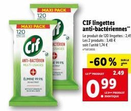 Pack Double Maxi Anti-Bactérien: 120 Lingettes + Cif Multi-Usages avec 99.9% Bactéries Éliminées à 3,49€!