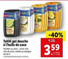 lot de 3 tahiti gels douche à l'huile de coco - promo -40% | citron vert, noix de coco, vanille ou mango.