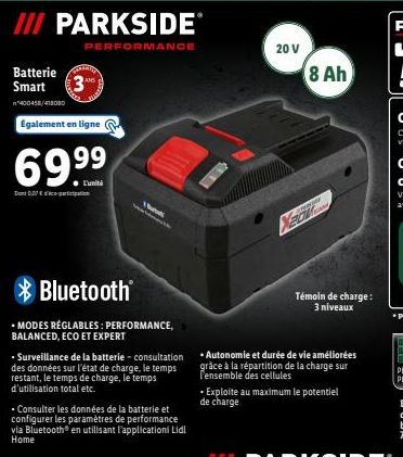 Parkside Performance : Batterie Smart 3 Bluetooth® - Modes Réglables & Surveillance de Batterie - 400-458/418080 - 007 con