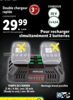 Chargeur Parkside 20V Double: Rechargez 2 Batteries Simultanément - 0,11€ D'Économie - 2x4,5A Montage Mural.