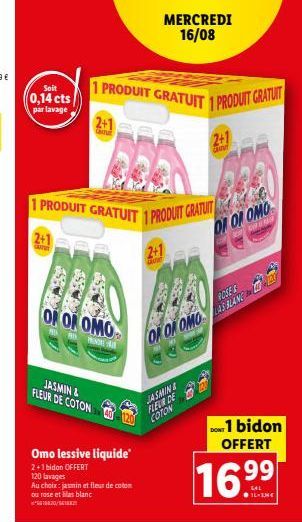 Promo Omo: 2+1 gratuit + 1 produit offert dès 0,14 cts/lavage. 120 lavages au choix de Jasmin ou Fleur de Coton.