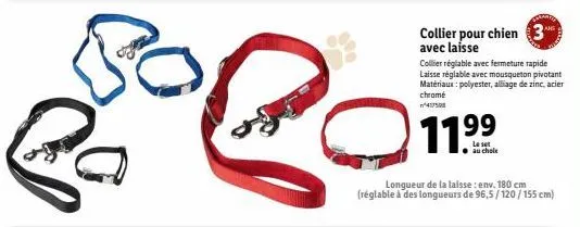 le set chol : collier & laisse pour chien réglables - promo 199€ - polyester, alliage zinc, acier chromé