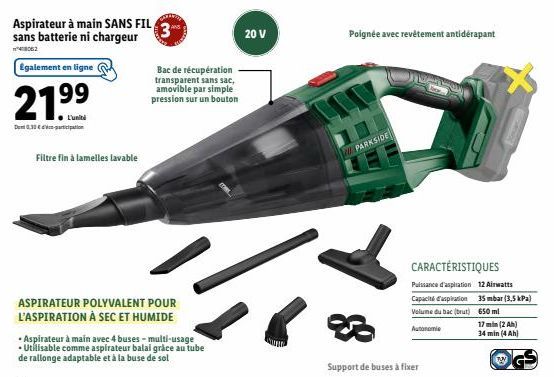 Aspirateur sans Fil 48062: Polyvalent, Filtre Lavable, Promotion 21.99€/Unité!