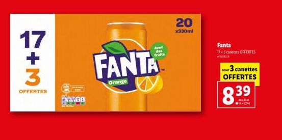 Promo: Fanta Orange 20 x330 ml - 17+3 Canettes OFFERTES, 8.39 €.