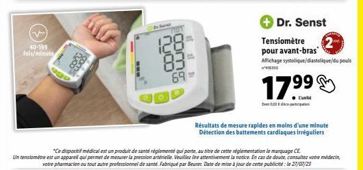 Promo : Tensiomètre CNCR B.000.128 Dr. Como Coru, Fol s/min : 40-199, 69 = Produit de Santé Réglementé.