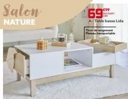 table basse lida nature à 99€ : plateau transportable et teoir de rangement inclus
