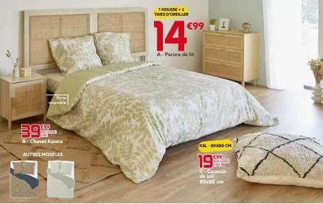 promo: parure de lit + housse taie d'oreiller + coussin de sol kanna 8-chevet xxl-80x80 cm à €99!