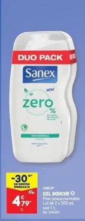 réduction de 30% - duo pack sanex gel douche pour peaux normales - 2x500ml, soit 1l