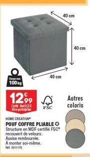 Pouf Coffre Pliable Certifié FSC® | Structure en MDF | Rembourrage Velours | Charge 100 kg | 5011178 | Promotion 1299 L-132 | HOME CREATION