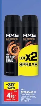 promo! lot de 2 axe deodorant o dark temptation -30% de réduction et 6% de remise immédiate. 200 ml chacun. 48h non-stop!