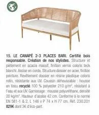 canapé barl 2-3 places - bois responsable, cordes & acacia massif - vemis teck blanchi!