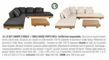 set canapé d'angle et table basse porto rico : bois responsable, acacia massi et tissu 100 % polyester !