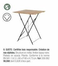 GUSTO : Table à Manger 160 x P 60 xH 73 cm. Finition époxy noire, Plateau en acacia certifié bois responsable. Profitez d'une promo sur ce produit certifié EN 581-1&3 : 209.082 99€ !